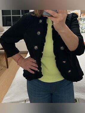 INC International Concepts Black Ruffle Military-Style Blazer with Gold Buttons